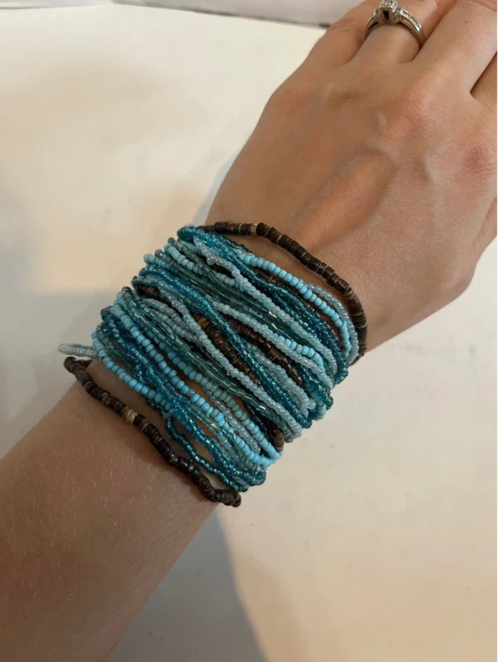 Blue Beaded Layered Wood Closure Bracelet Boho Thick Stretchy